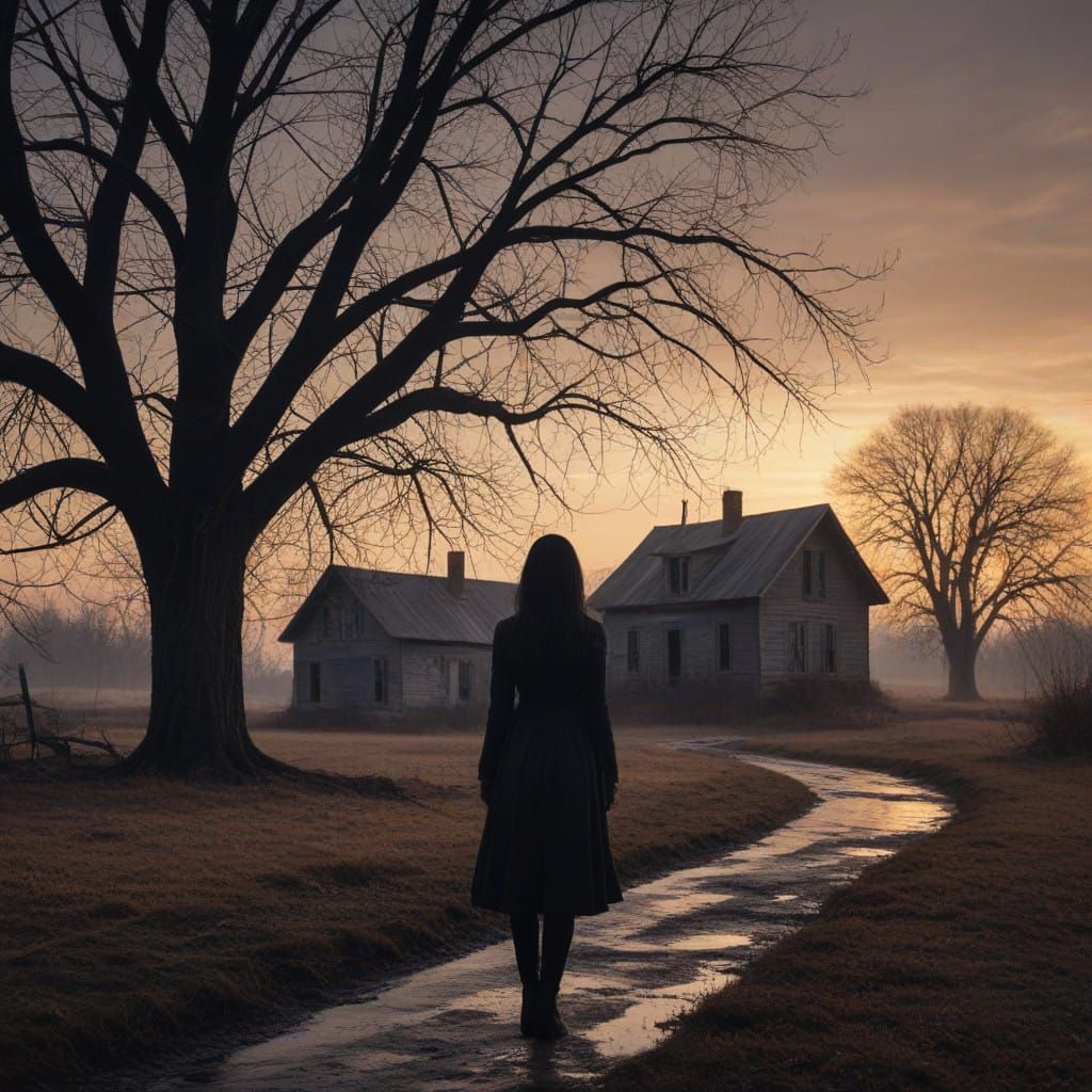Mysterious Woman in Abandoned House at Dusk
