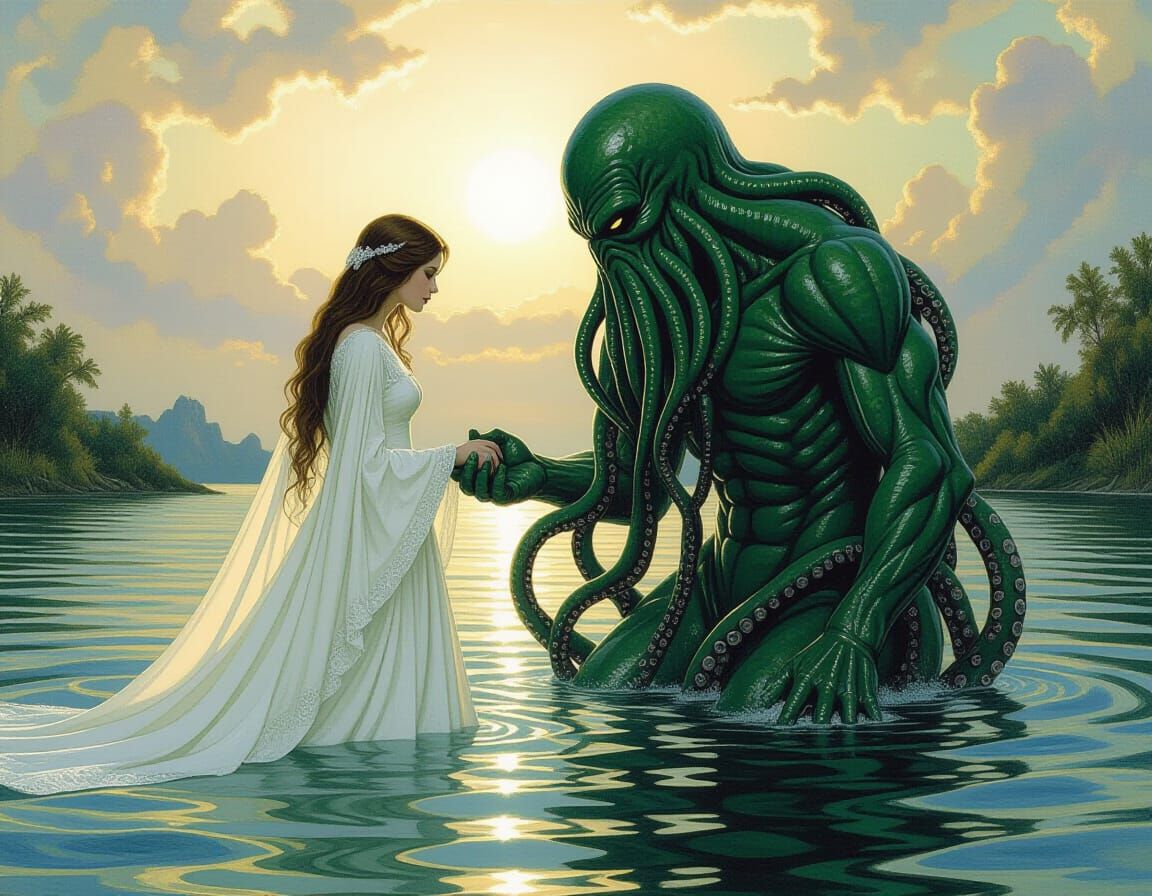 Cthulhu's Chivalrous Rescue: A Pre-Raphaelite Vision