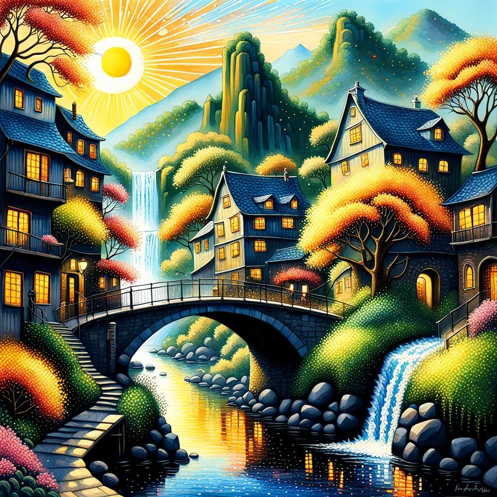 Lush Cityscape with Waterfall and Portal