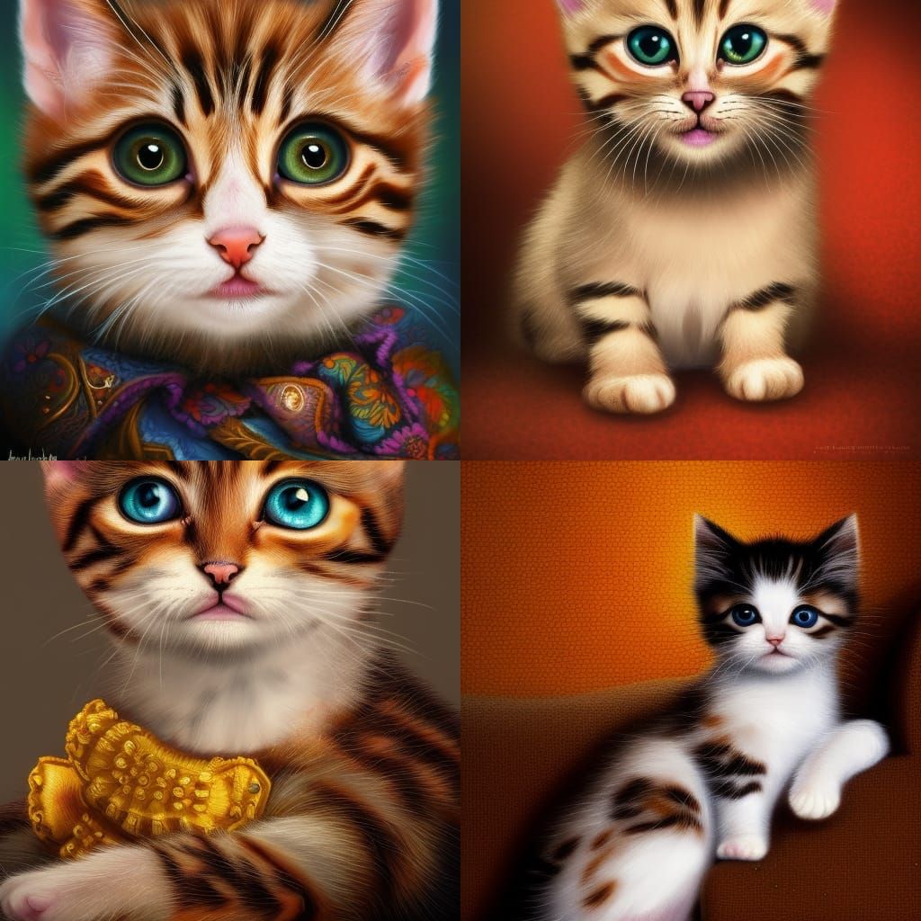 Cute Kitten Portrait on Couch, Detailed Oil Painting