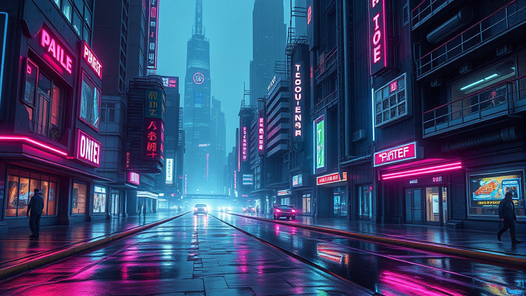 Cyberpunk Cityscape with Neon Lights and Metallic Architectu...
