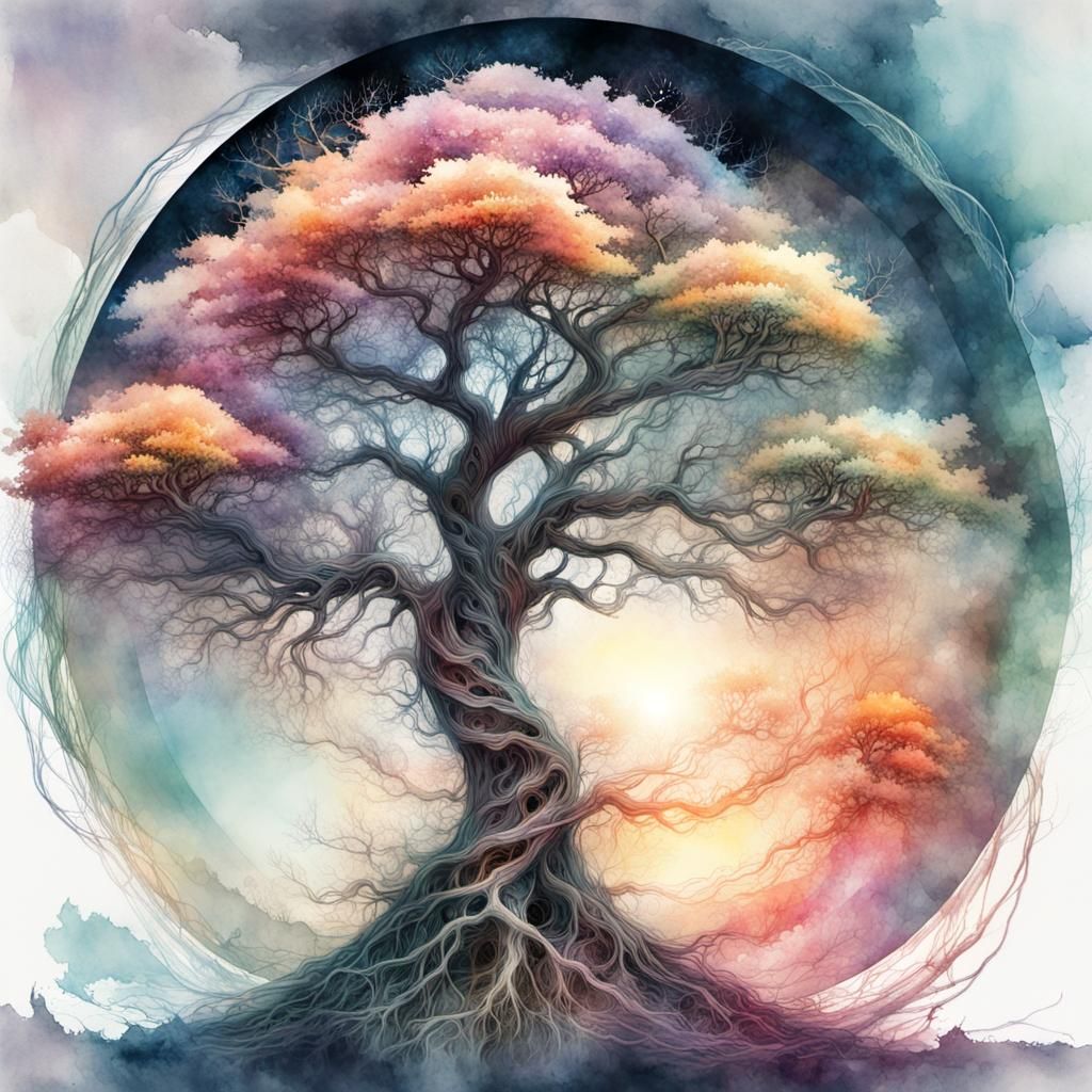Cosmic Magic Tree: Digital Watercolor Summerscape