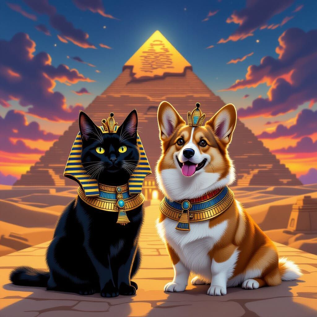 Egyptian Pharaoh Cat and Corgi Before Pyramid