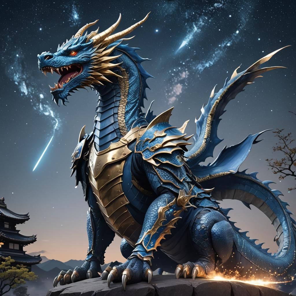 Armored Blue Dragon in Starry Night Sky