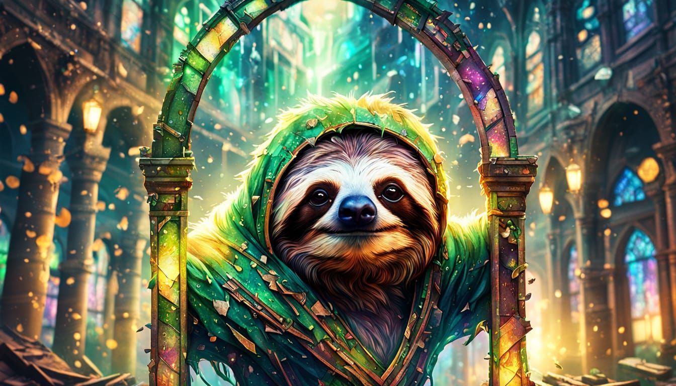Surreal Sloth Guardian in Ruined Library Arch
