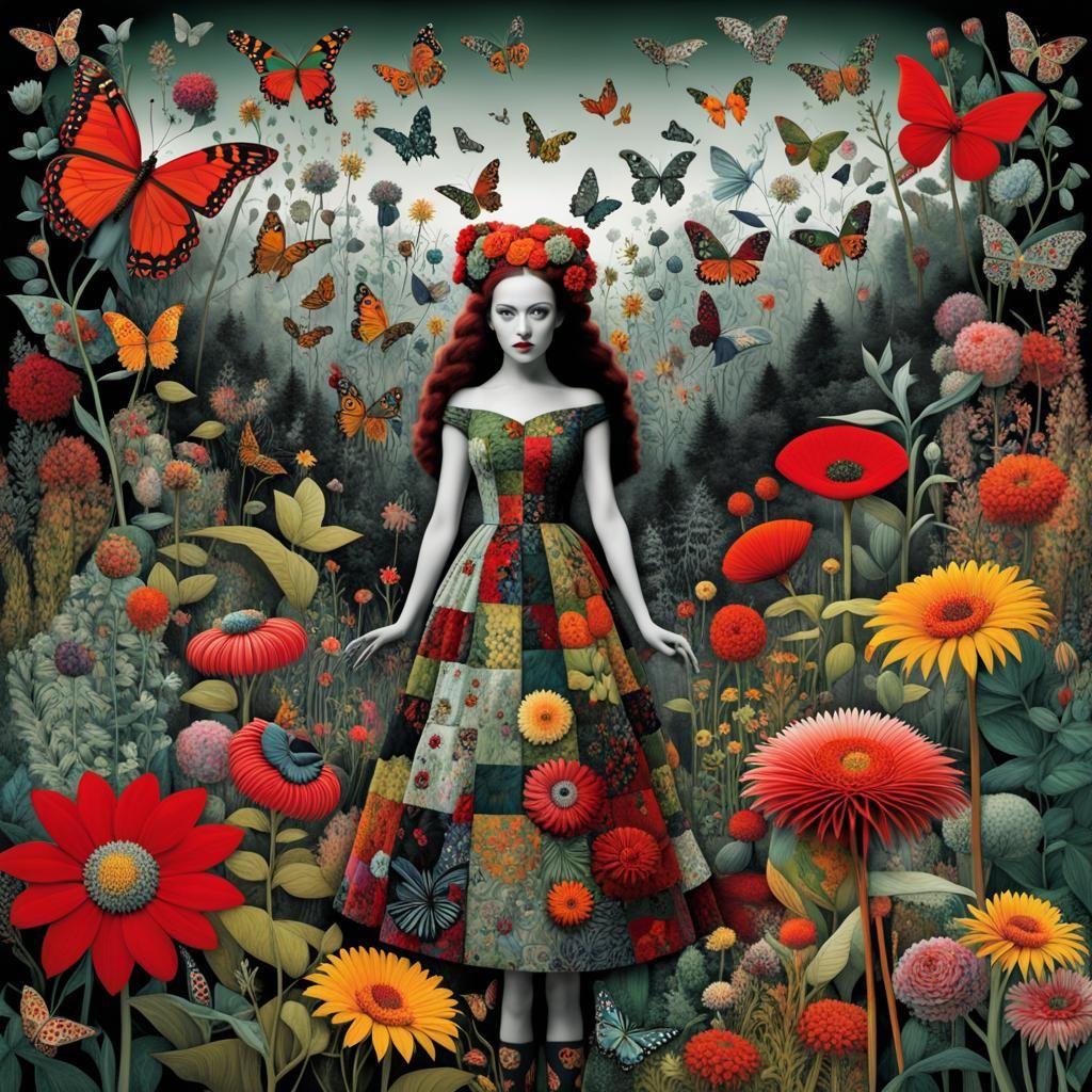 Million Flower Dreamscape, Patchwork, intricate details, Maximalisr, Maximalism, Double Exposure Butterflies, forest...