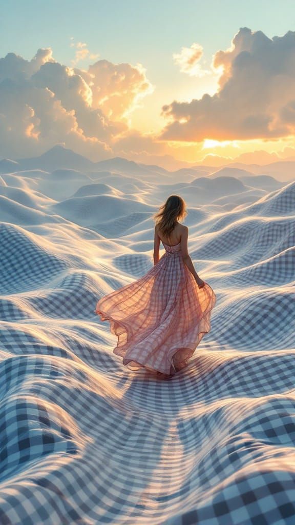 Surreal Gingham Dreamscape with Undulating Fabric Landscape