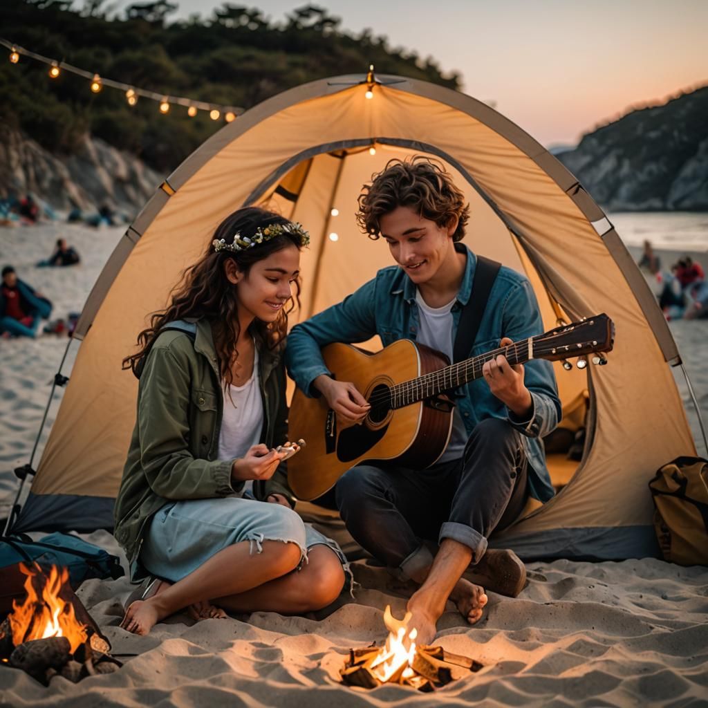 Romantic Beach Camping Scene at Sunset