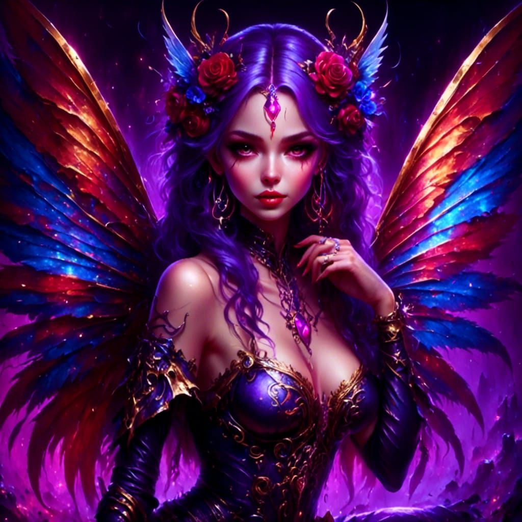 <lora:Glowing Runes:1.0> <lora:Thriller Fantasy:1.0> Female winged fairy. Purple, black, red, blue, and gold.