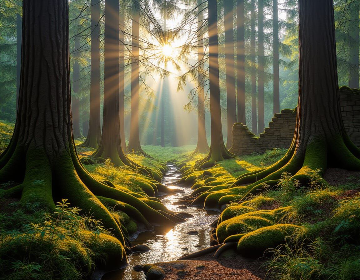 Golden Hour in Forest Glade: Photorealistic Detail