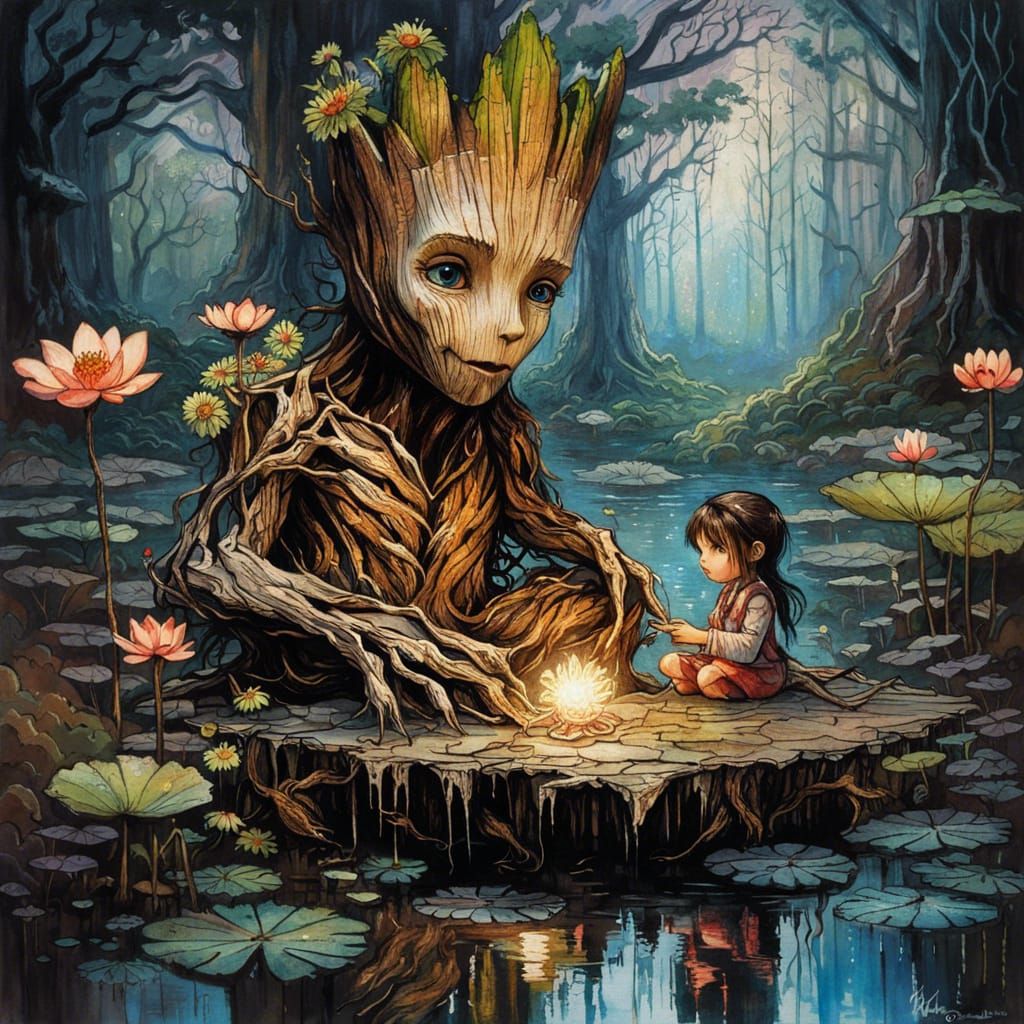 Groot in Dark Fantasy Lace Craft Style