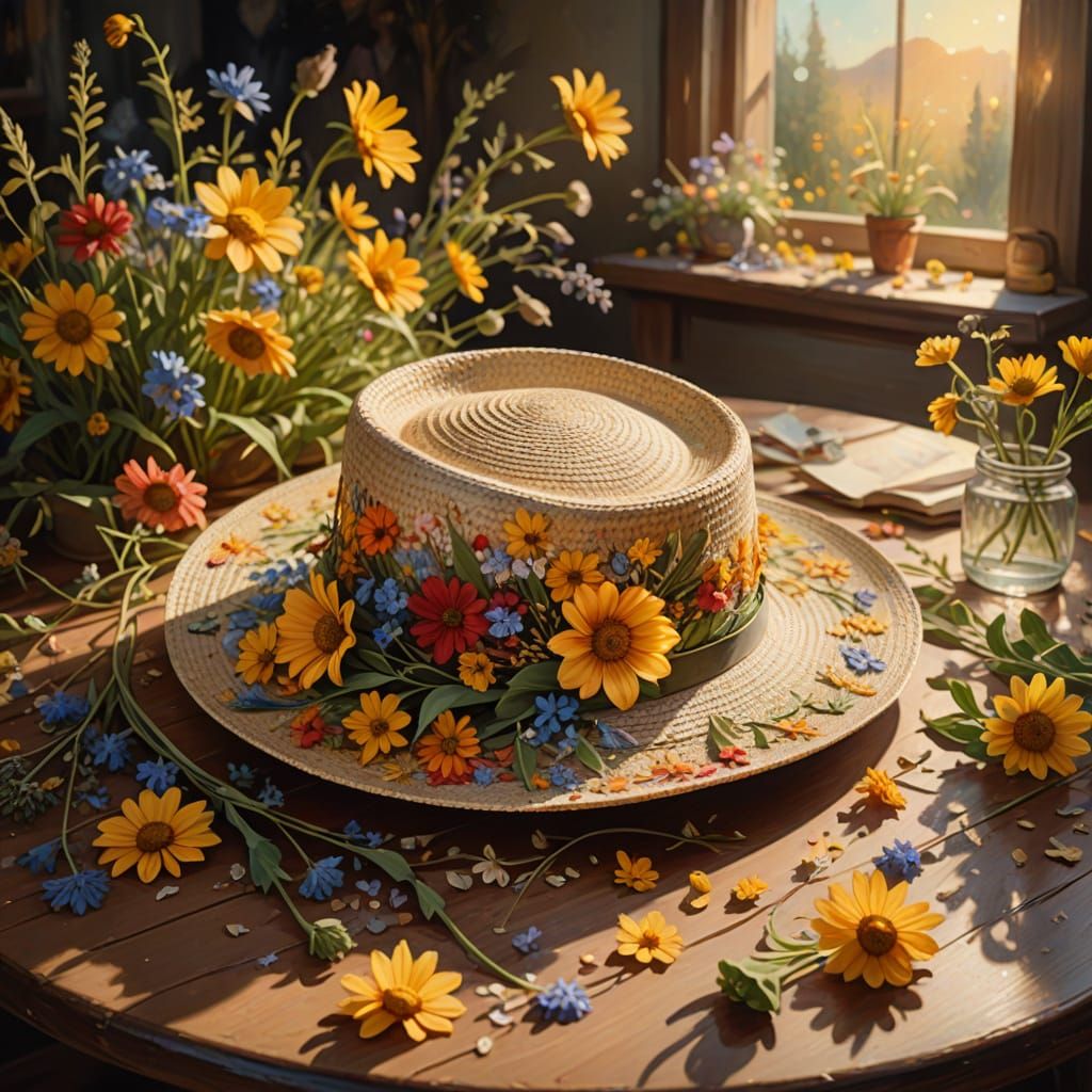 Whimsical Wildflower Hat in Golden Hour Oil Painting