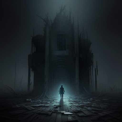 Lone Figure Amidst Ruined Abandoned World in Dark, Atmospher...