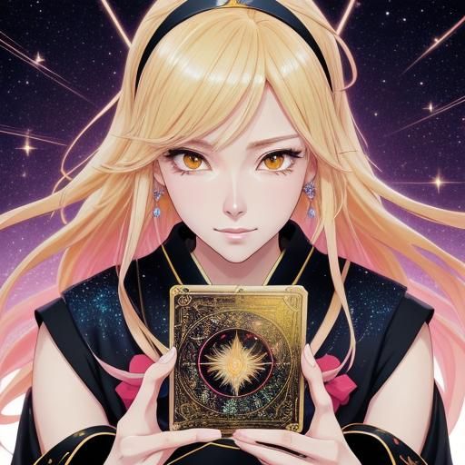 Blonde Woman with Phoenix Tarot Cards in Anime Style