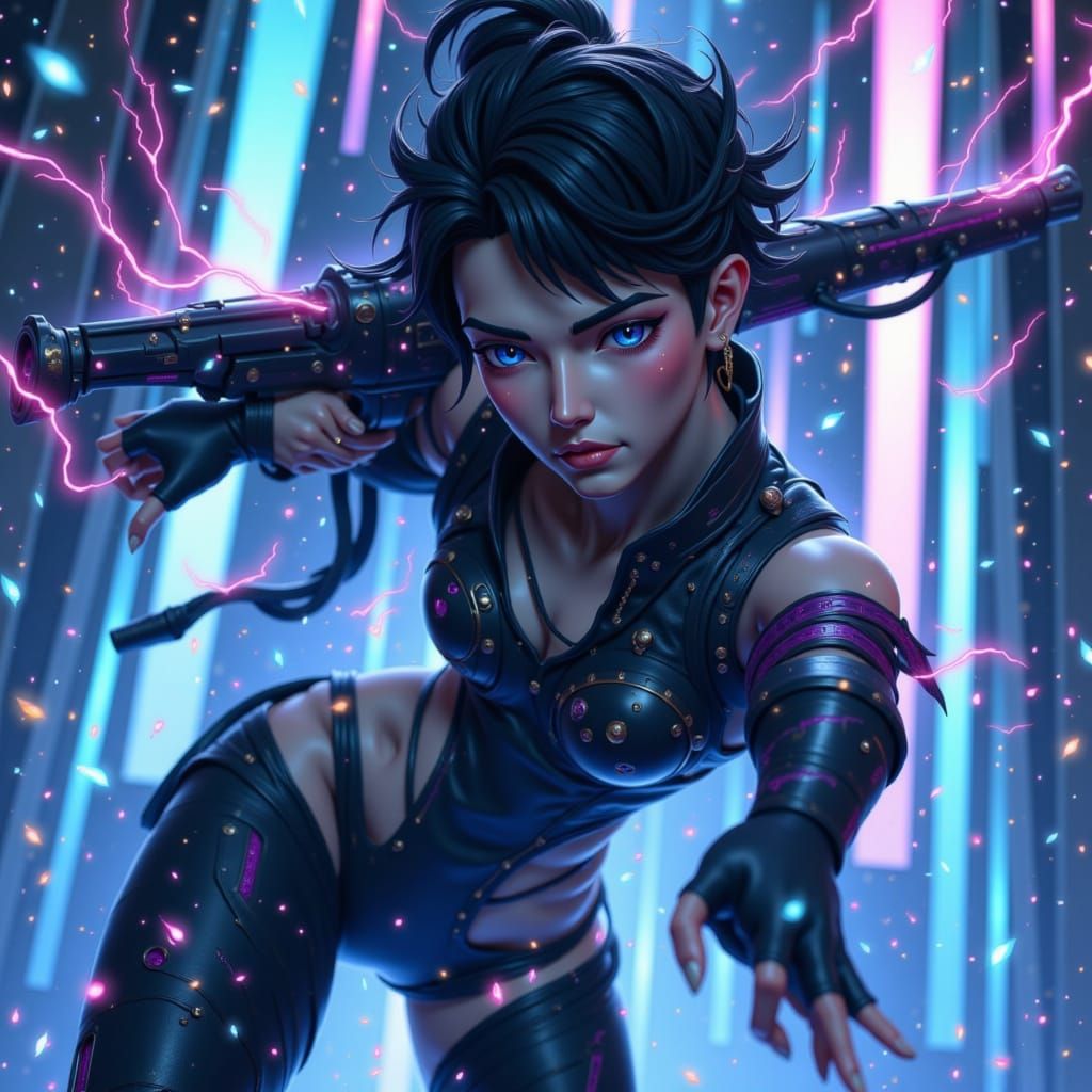 Tohsaka Rin in Glitching Bodysuit Holds Futuristic Crossbow