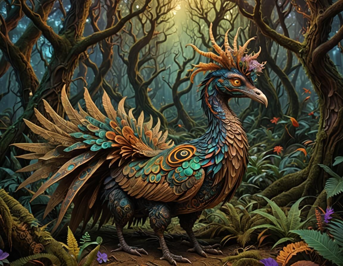 Psychedelic Cockatrice in Fantasy Forest