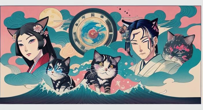 Cats in Japanese Pop Art Style Landscape