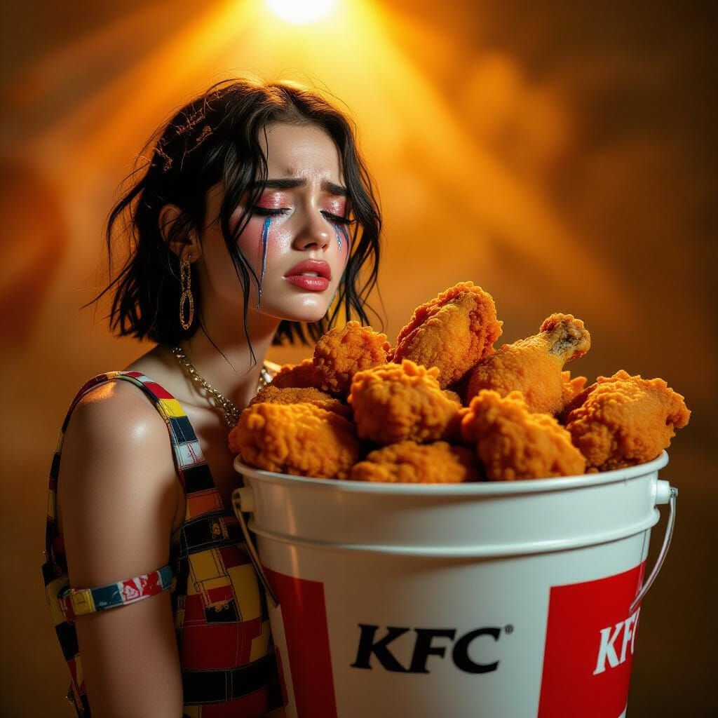 Sad Model Overwhelmed by KFC Bucket