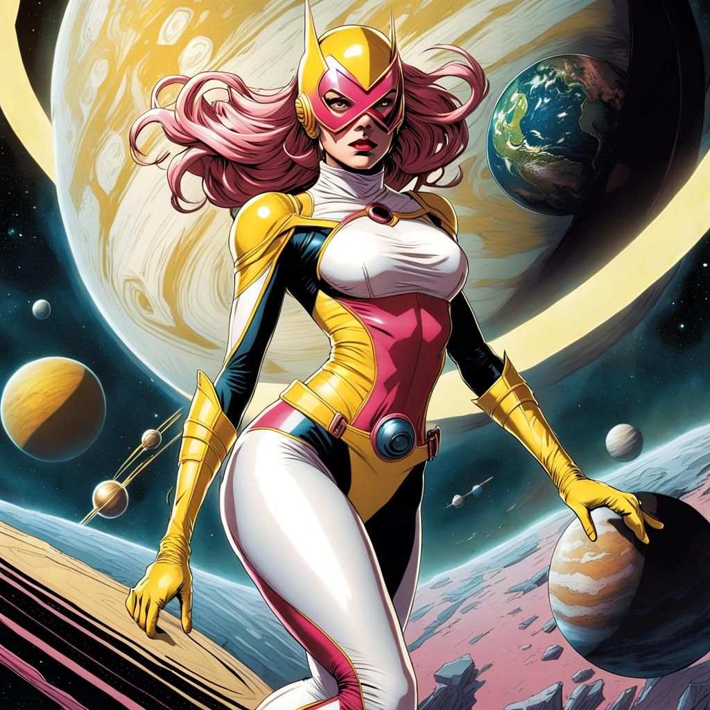 Red-Headed Woman in Saturn Superhero Costume