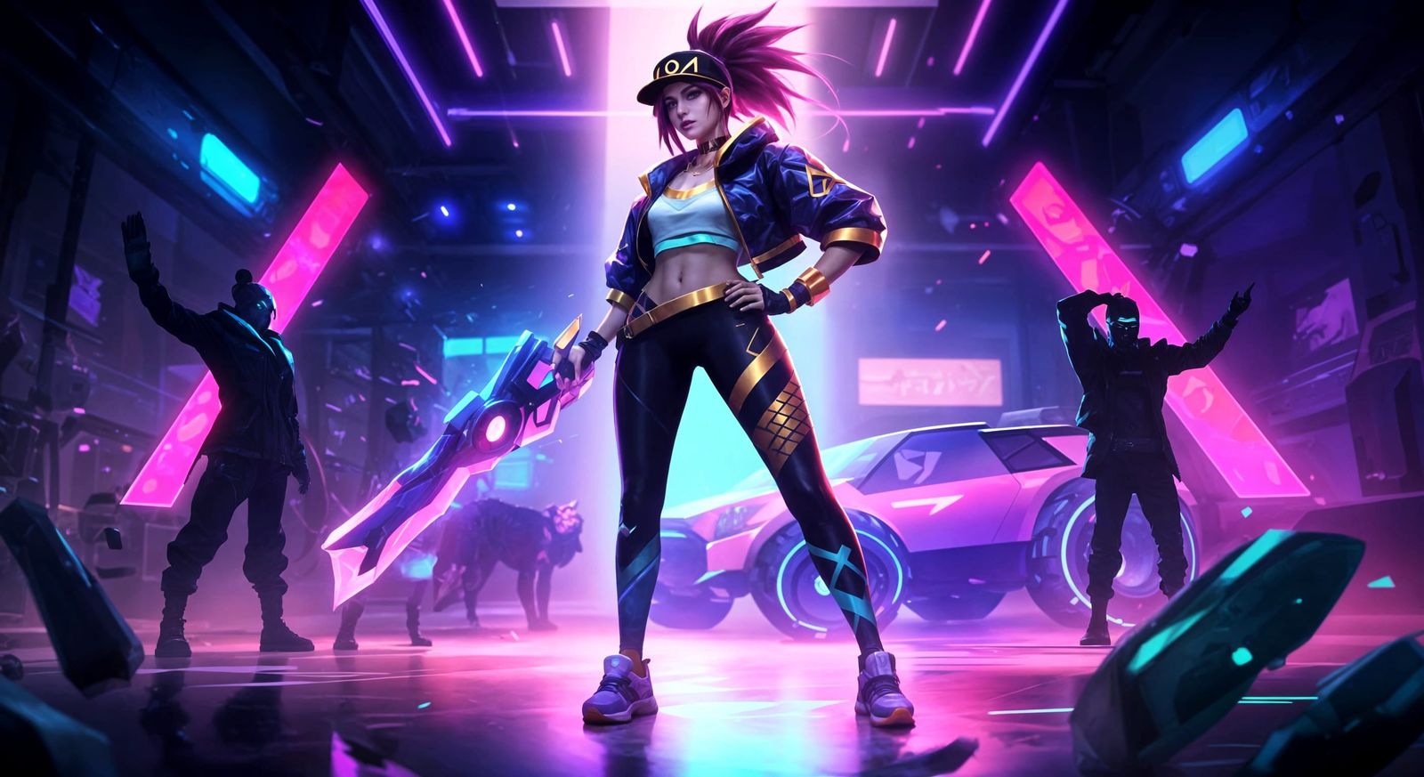 K/DA Akali in Neon Cyberpunk Scene
