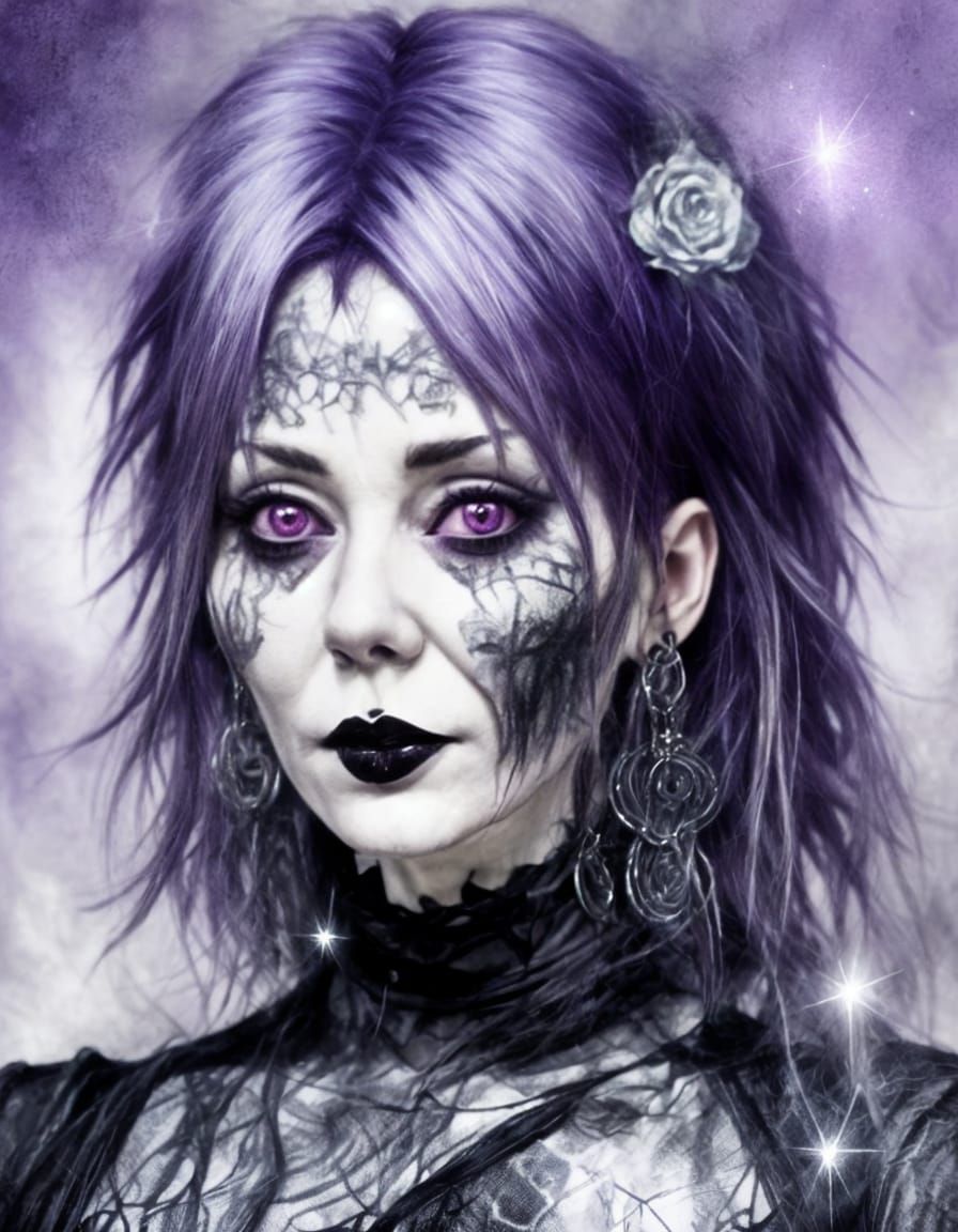 Pastel Watercolor Portrait of a Goth Woman with Purple Hair
