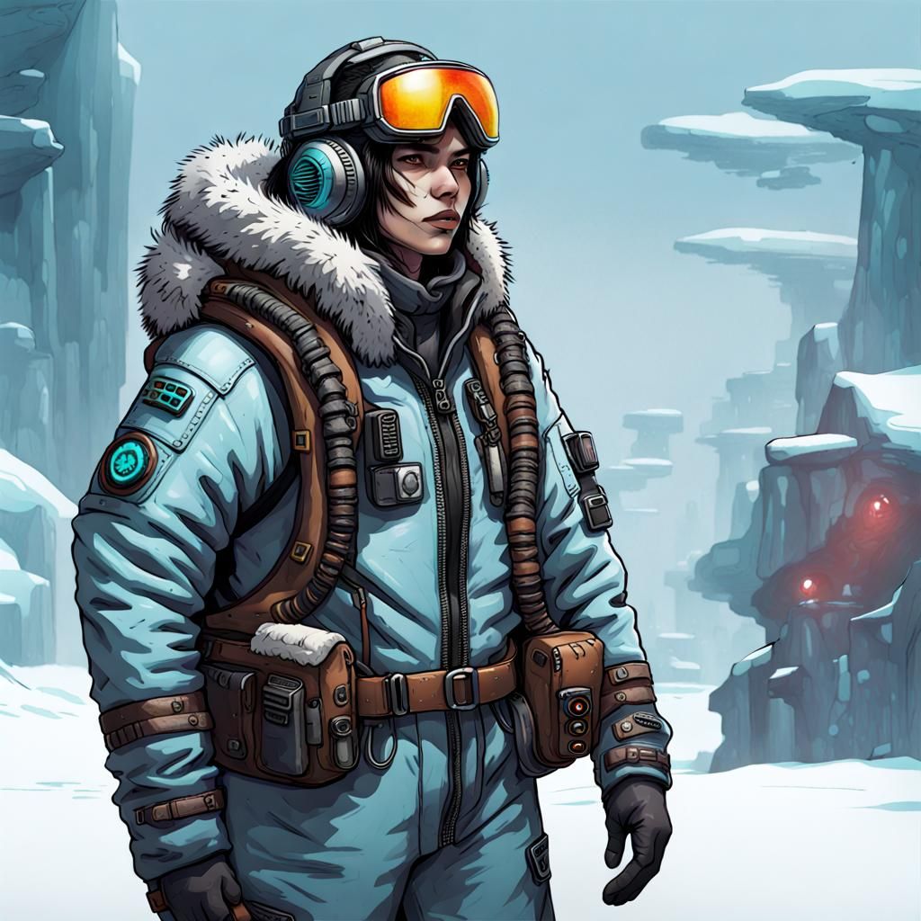 Cyberpunk Inuit Pilot in Futuristic Cityscape