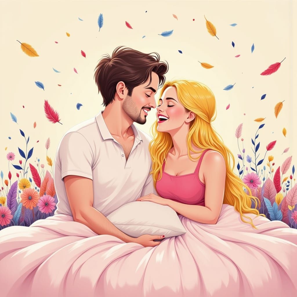 Playful Couple's Pillow Fight in Flat Vector Style