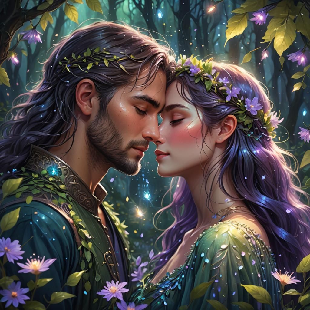 Romantic Couple in Luminous Forest: Digital Art