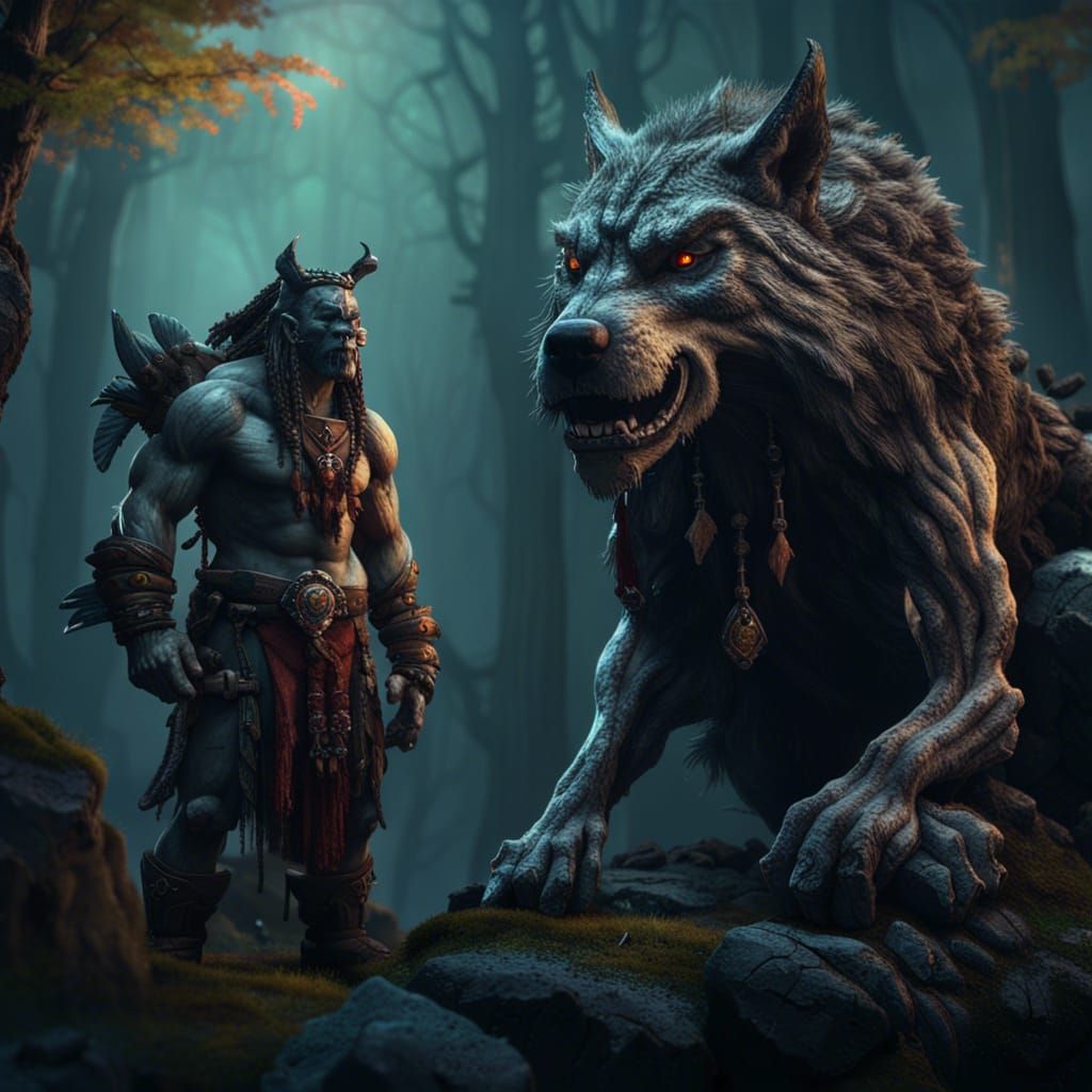 Orc Shaman and Spirit Wolf in Forest: Detailed Matte Paintin...
