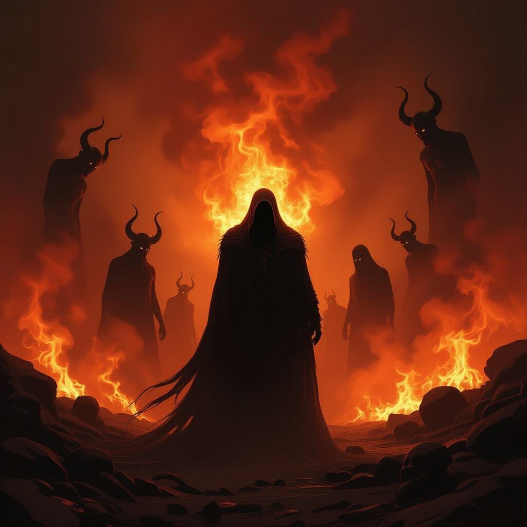 Demonic Figures in Fiery Underworld
