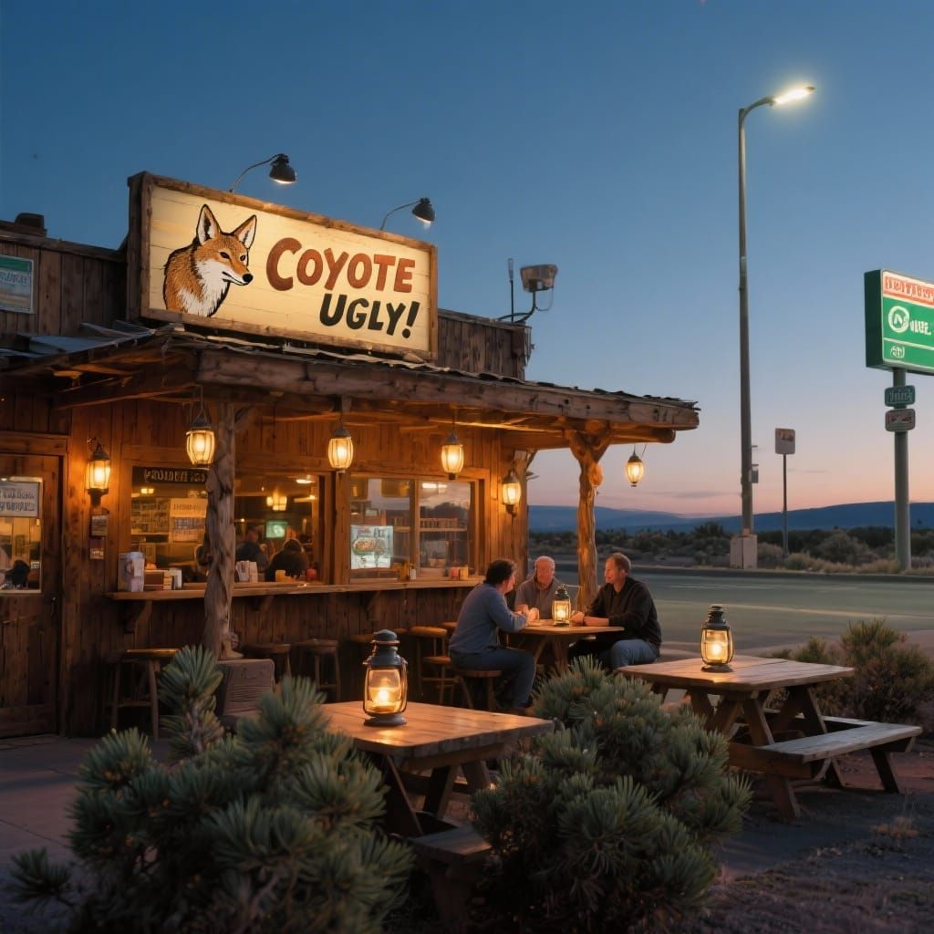 Freeway Tavern at Dusk with Coyote Sign