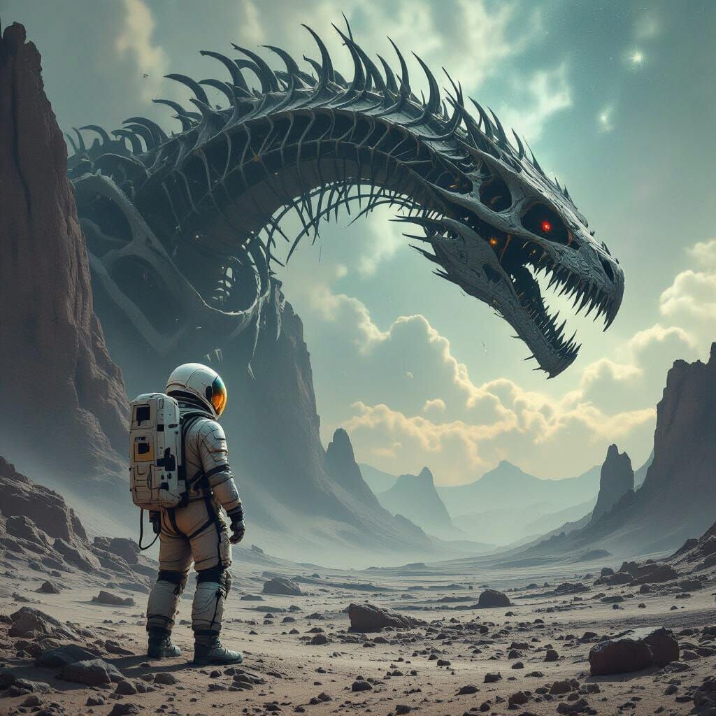 Astronaut and Petrified Space Dragon in Gothic Horror Style
