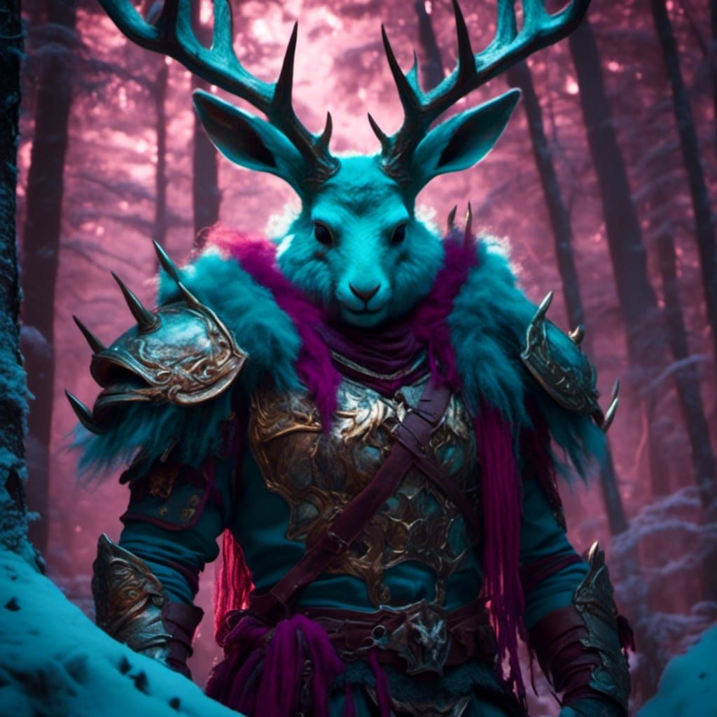 Gothic Jackalope Warrior in Teal and Magenta