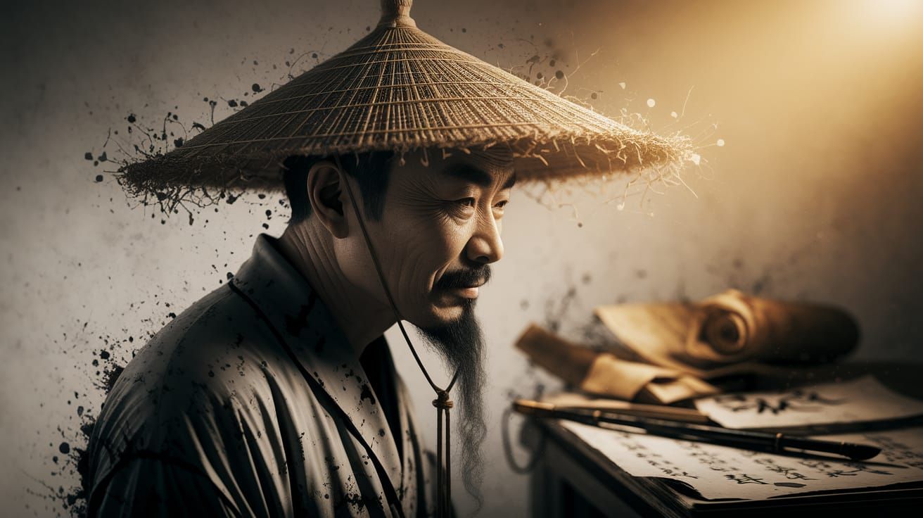 Ancient Chinese Man in Straw Hat, Wet Watercolour Style