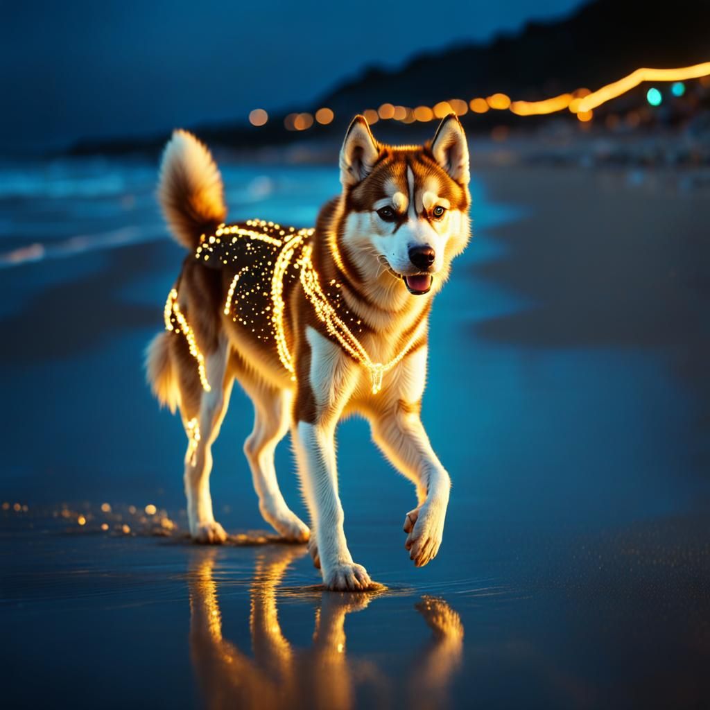 Golden Glittery Husky Puppy on Beach