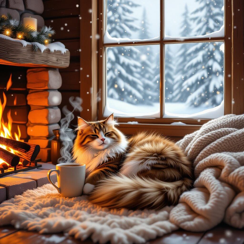 Cozy Cabin Cat by Fireplace: Painterly Illustration