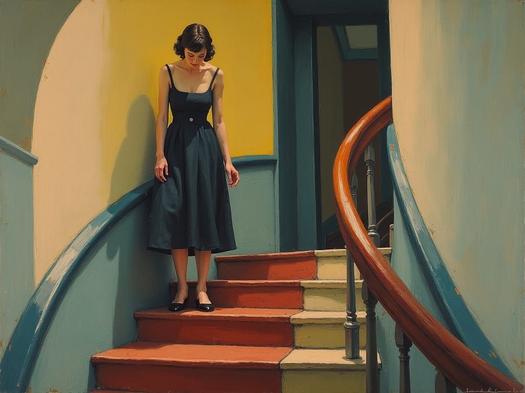 Woman on Stairs: Surreal Post-Impressionist Painting