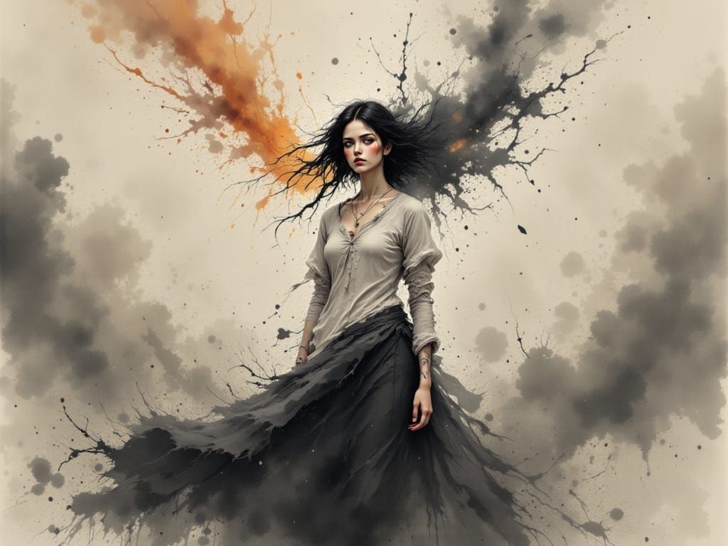 Serene Woman Amidst Turmoil in Whimsical Style