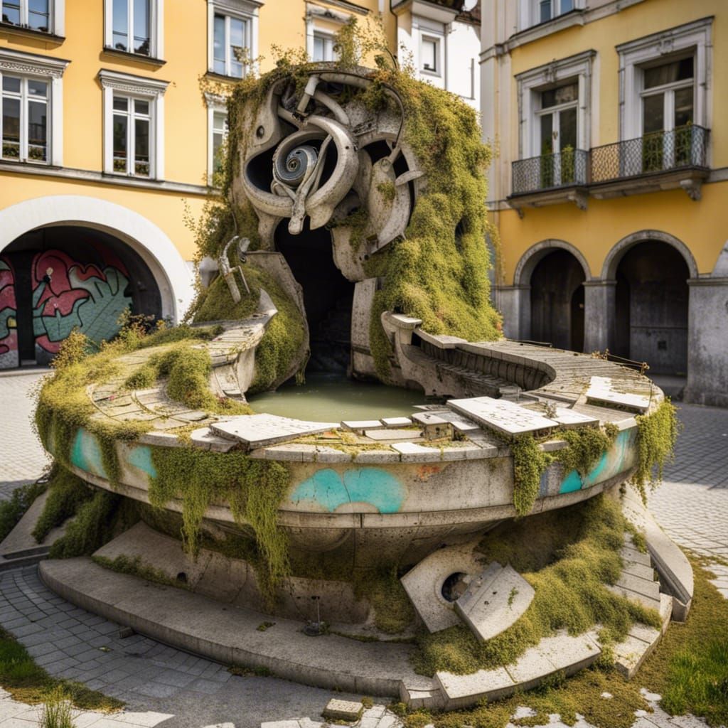 Post-Apocalyptic Lindwurm Fountain in Ruins