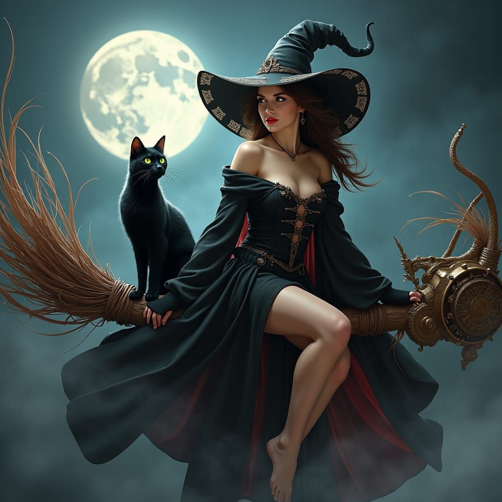 Brunette Witch on Steampunk Broom in Hyperrealistic Style