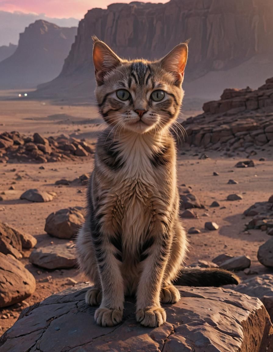 Grumpy Kitten at Desert Sunset in Cyberpunk Style