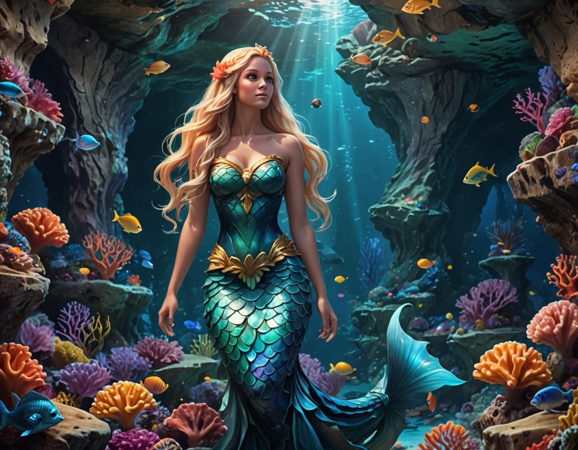 Siren in Underwater Cave, Hyperdetailed Concept Art