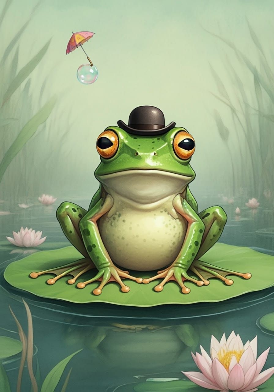 Surprised Frog and Floating Bubble, Watercolor Style