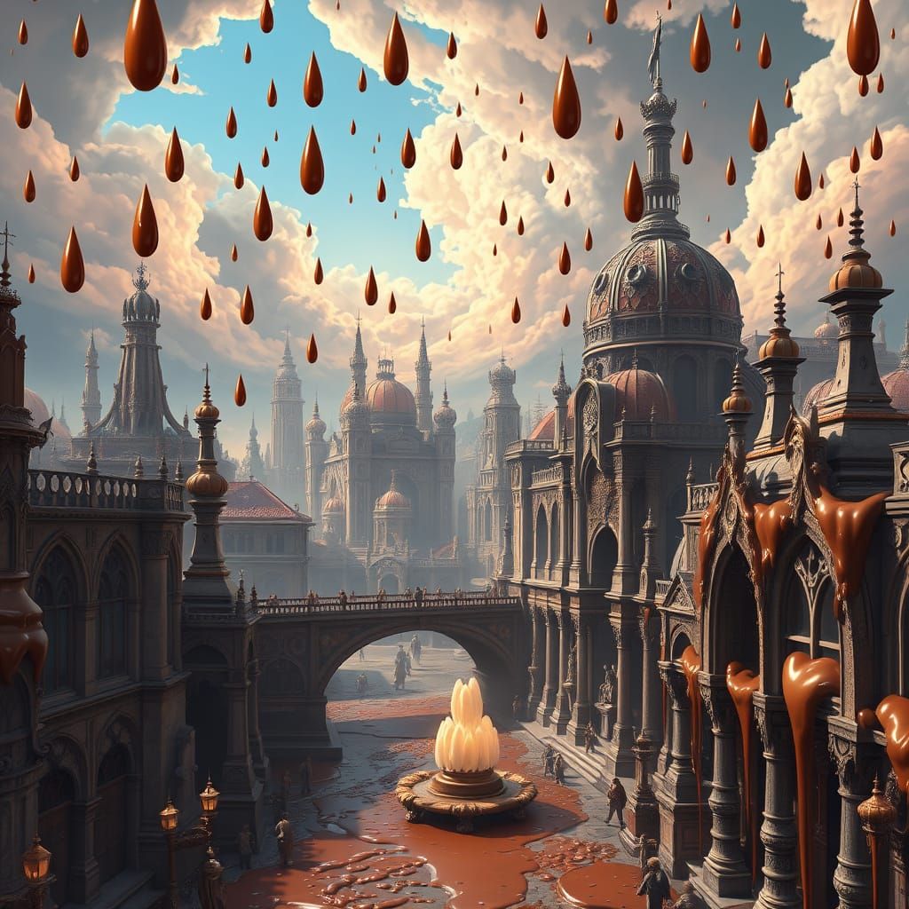 Fantastical Cityscape Under Nutella Rainfall