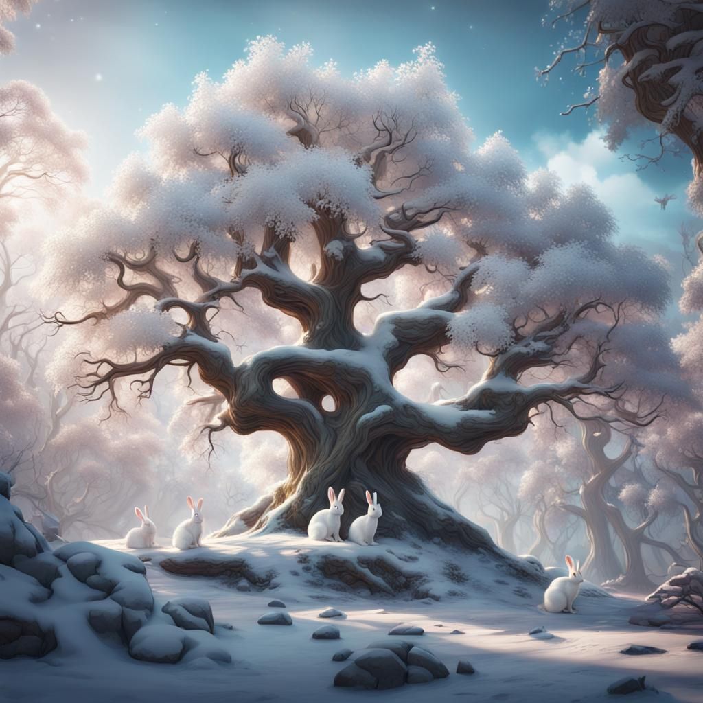 Snowy Branches with White Rabbits in Detailed Matte Painting