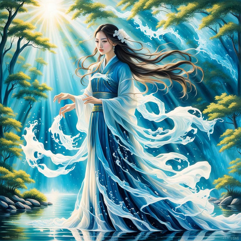 Chinese Woman in Flowing Water Dress, 3D Render