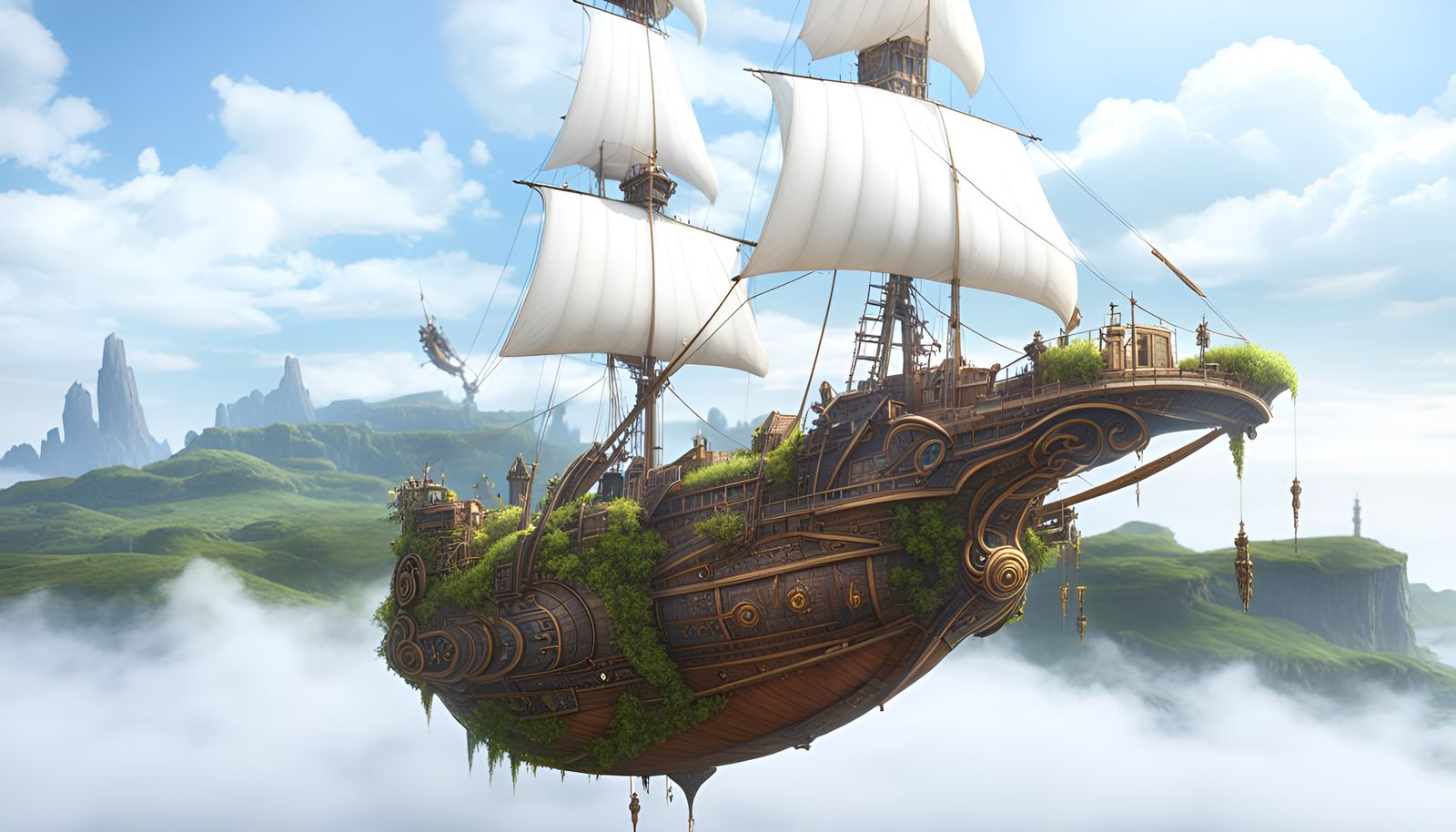 Fantasy airship hovering over a prairie, sailing ship, detai...