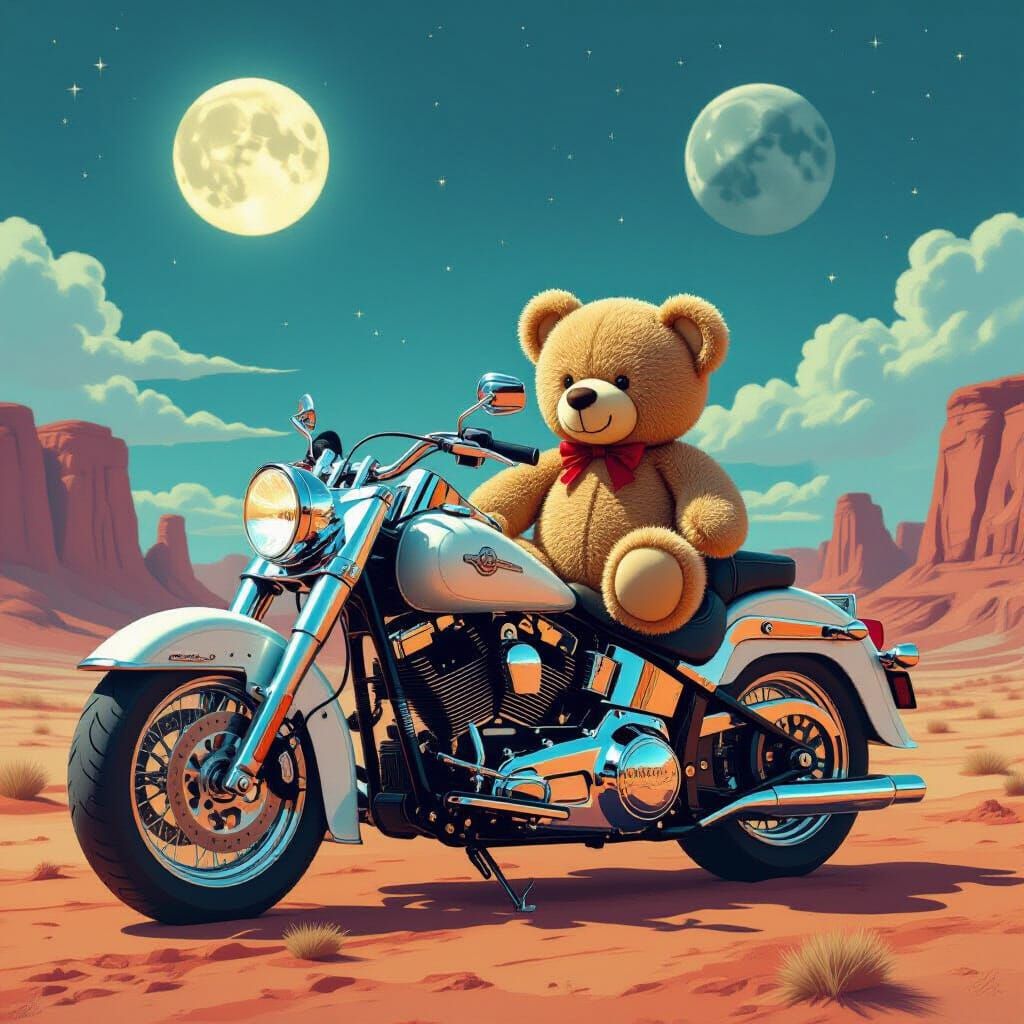 Teddy Bear Rider on Futuristic Motorcycle on Alien World