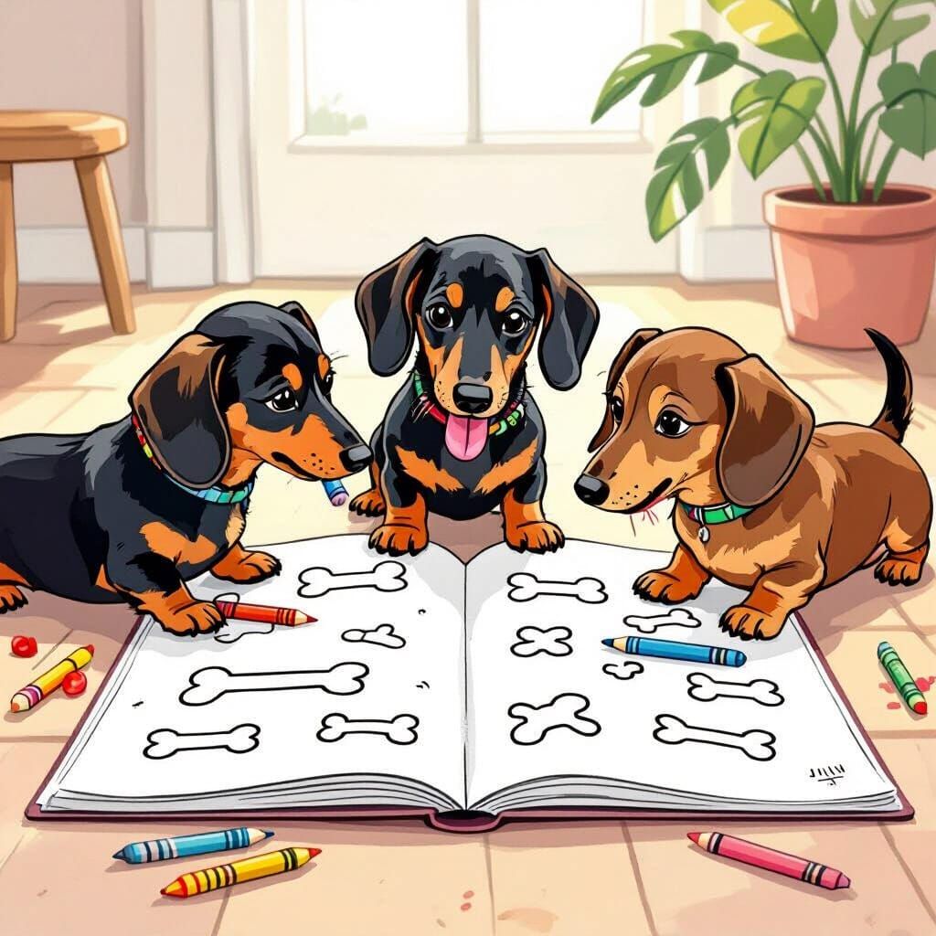 Five Dachshunds Playfully Coloring Together