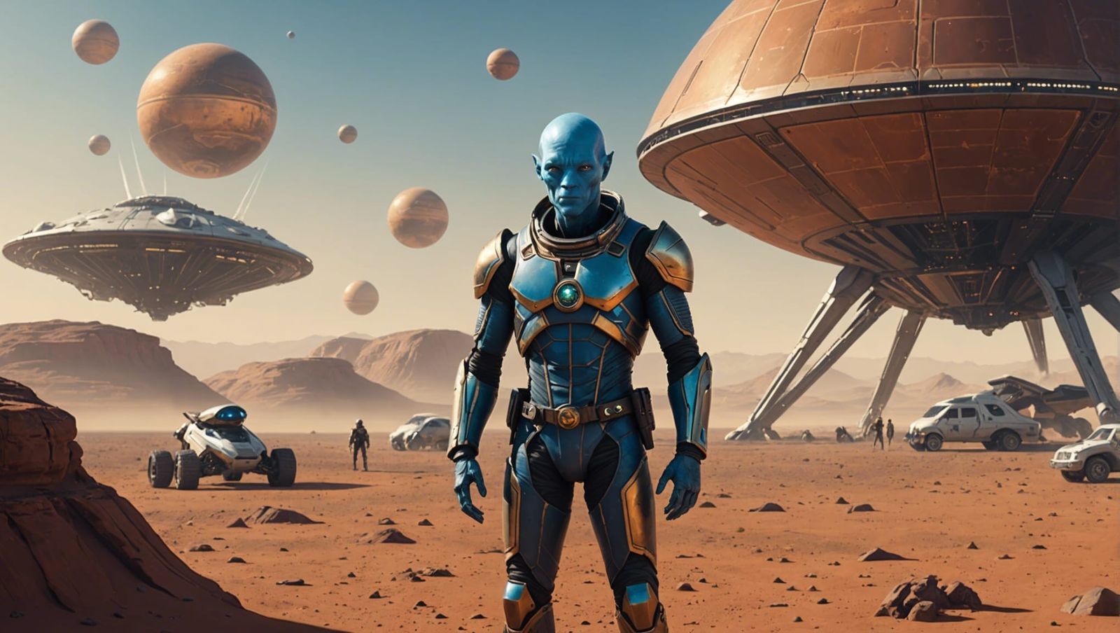 Blue Alien on Mars with Golden Orb